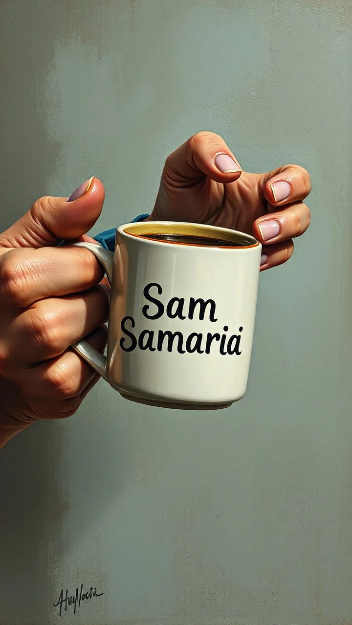 Bosch style painting , A 3D strong hand holding a coffee mug written on it “ Sam Samarrai”