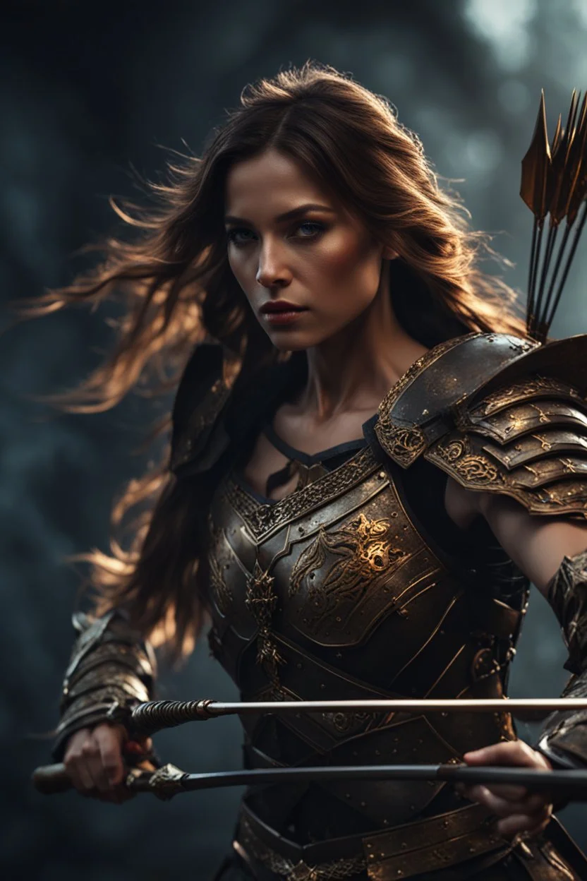 female warrior aiming a bow and arrow wearing bronze half armour dark fantasy Realistic 4k