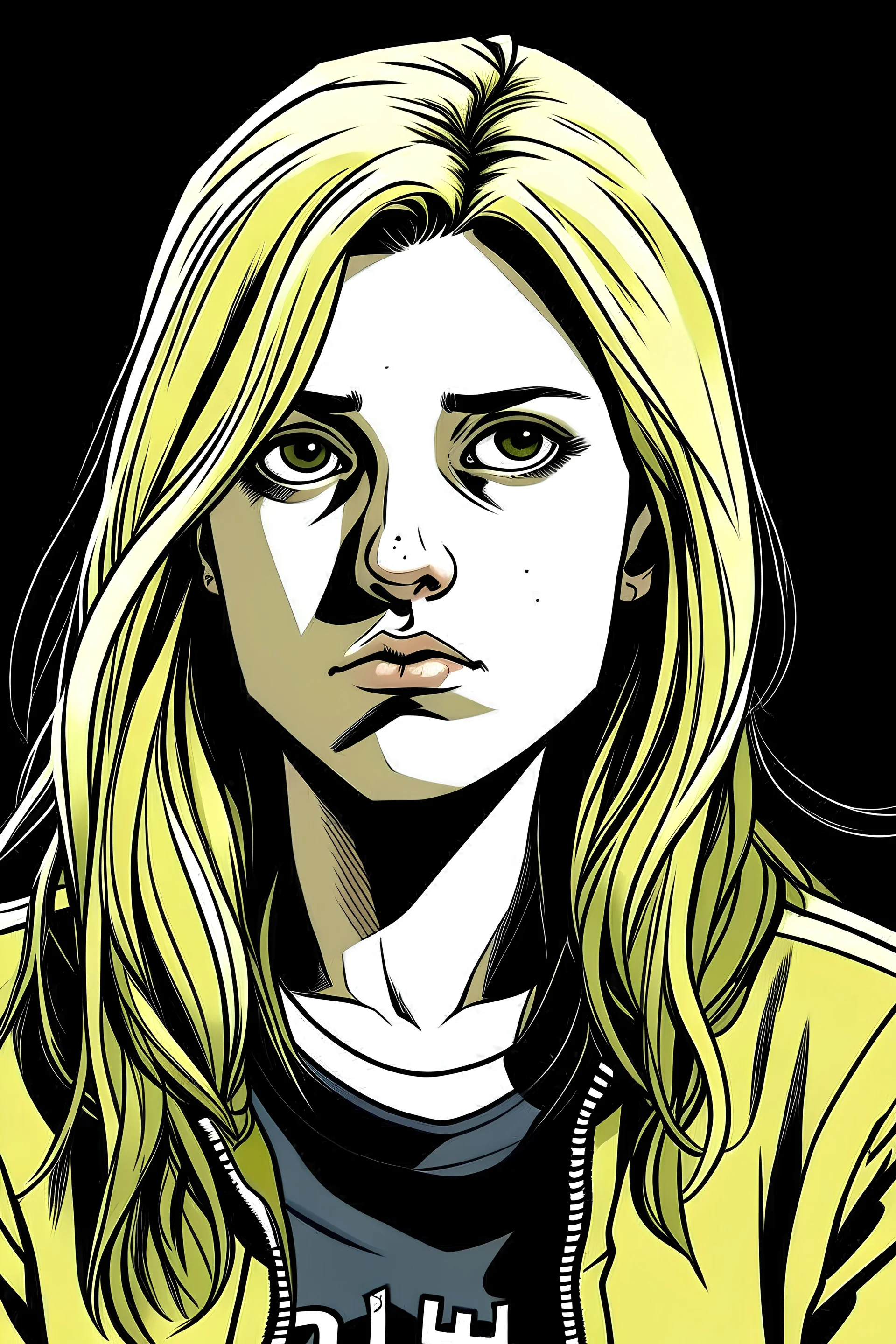 Female, daughter, 15 years old, sad, with blonde hair in a comic style