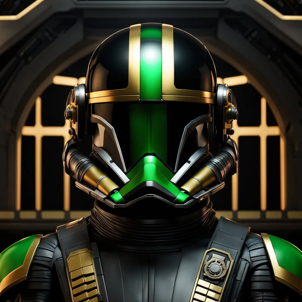 star wars bald male corellian pilot wearing black and gasoline green First Order special forces TIE pilot armored flightsuit and helmet with gold trim inside the jedi temple, centered head and shoulders portrait, hyperdetailed, dynamic lighting, hyperdetailed background, 8k resolution, volumetric lighting, light skin, fully symmetric details