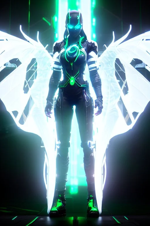 Cyborg symbiote, white color, green color, tendrils, high tech, cyberpunk, biopunk, membrane wings, carbon fiber