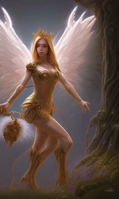 Female angel with beautiful perfect face big wings and golden crown floating above the ground in the dark enviroment, anatomically correct, michelangelo style, detailed, world of warcraft style, dark forest, trees, painting, brush strokes, 8k, dark forest in the background, epic scene, epic painting