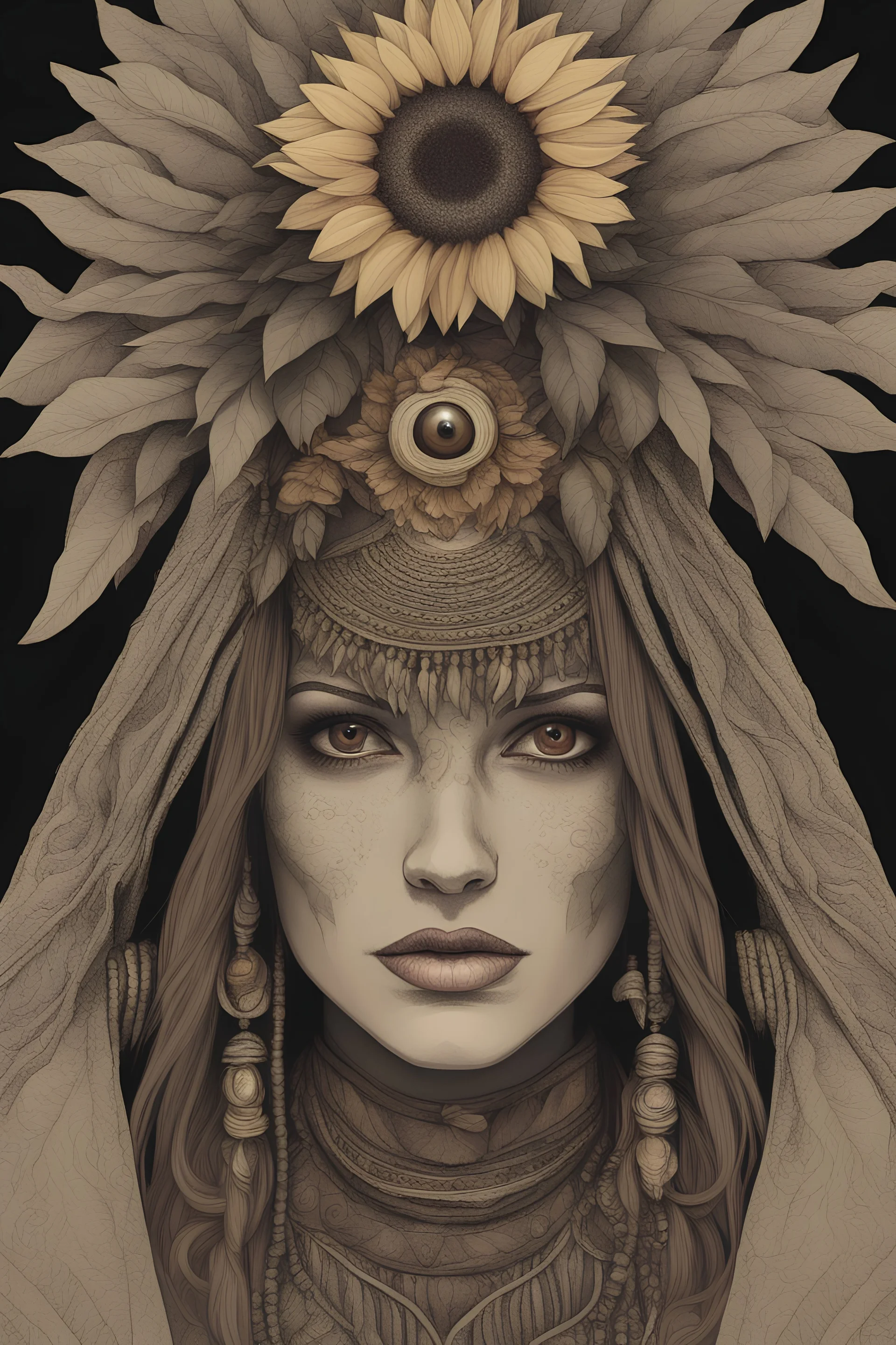 enigmatic shaman woman wearing a surprised (sunflower-head hat) with mystical aura pale brown eyes