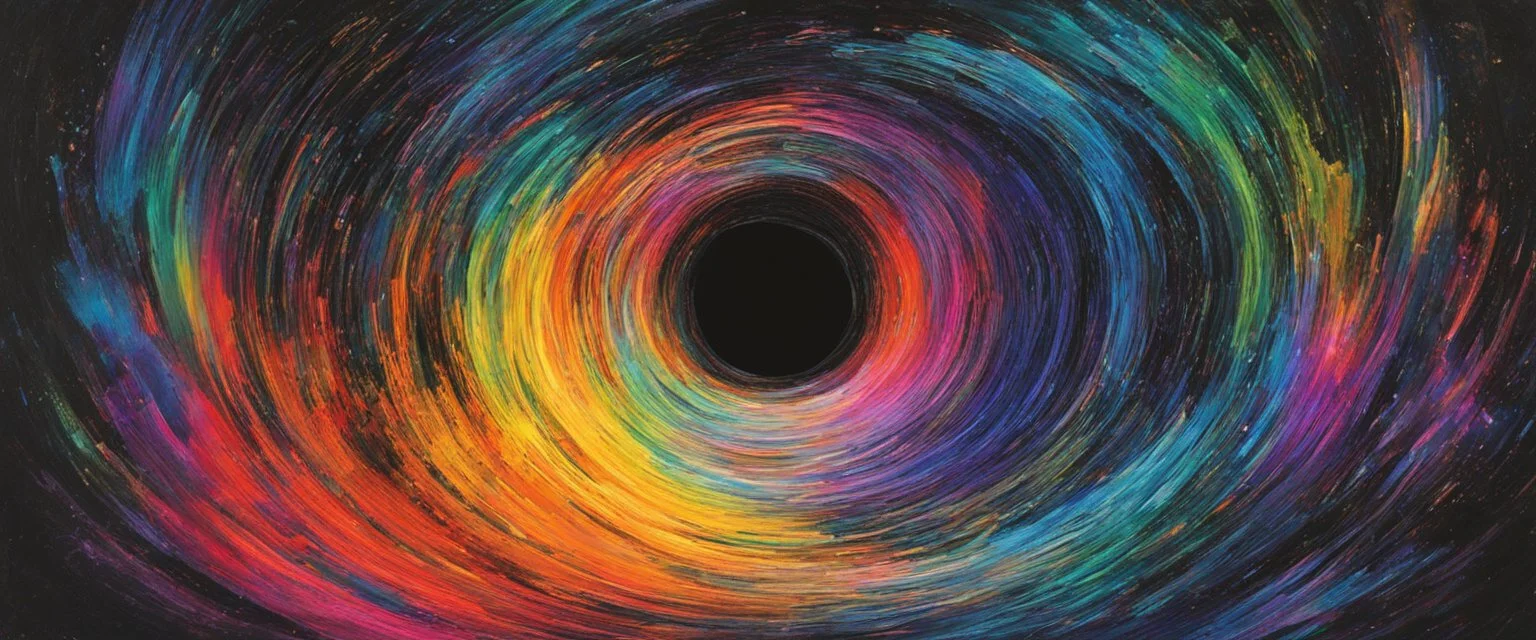 colorful, rainbow, A visually striking and abstract representation of the void and a black hole, utilizing dark hues and dynamic shapes to evoke the enigmatic and powerful aspects of cosmic emptiness, (visually striking abstract representation:1.4), (the void and black hole:1.5), (dark hues and dynamic shapes:1.3), (expressive and cosmic ambiance:1.2), drawing inspiration from abstract interpretations of the cosmic void and black hole phenomena