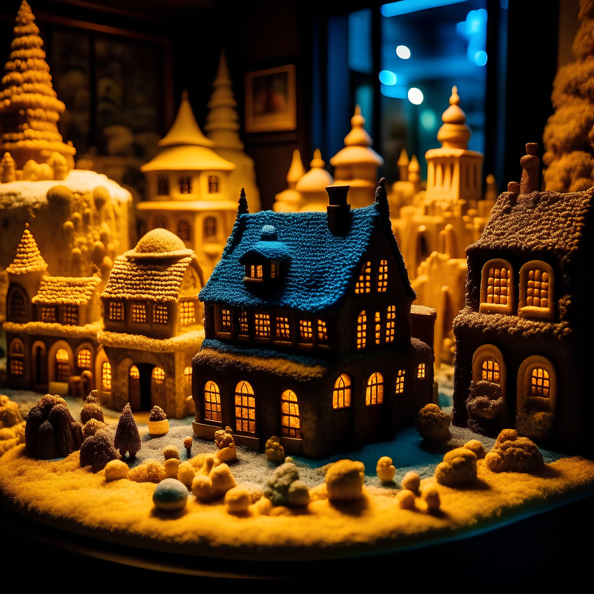 A fairytale installation of a village made of cake-frosting and felt, visitors can walk inside the installation high contrasts, frame, extreme detailed, movie shot, volumetric light, rich moody colors, noon-light, nightmare, bokeh, also something else, orero dream, Max Ernst style