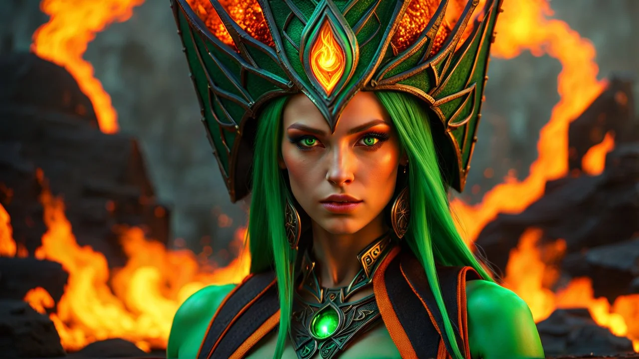 Armageddon. ragnarok. molten lava. 18 year old female sorcerer. fantastic beautiful emerald eyes. green and orange fire. exquisite realism, a masterpiece, fantasy concept art, dynamic lighting, hyperdetailed, intricately detailed, deep color, Unreal Engine, volumetric lighting , Epic cinematic brilliant stunning intricate meticulously detailed dramatic atmospheric maximal, CAMERA: Nikon Z7 | FOCAL LENGTH: 105mm | SHOT TYPE: Close-up | COMPOSITION: Centered | LIGHTING: Soft, directional