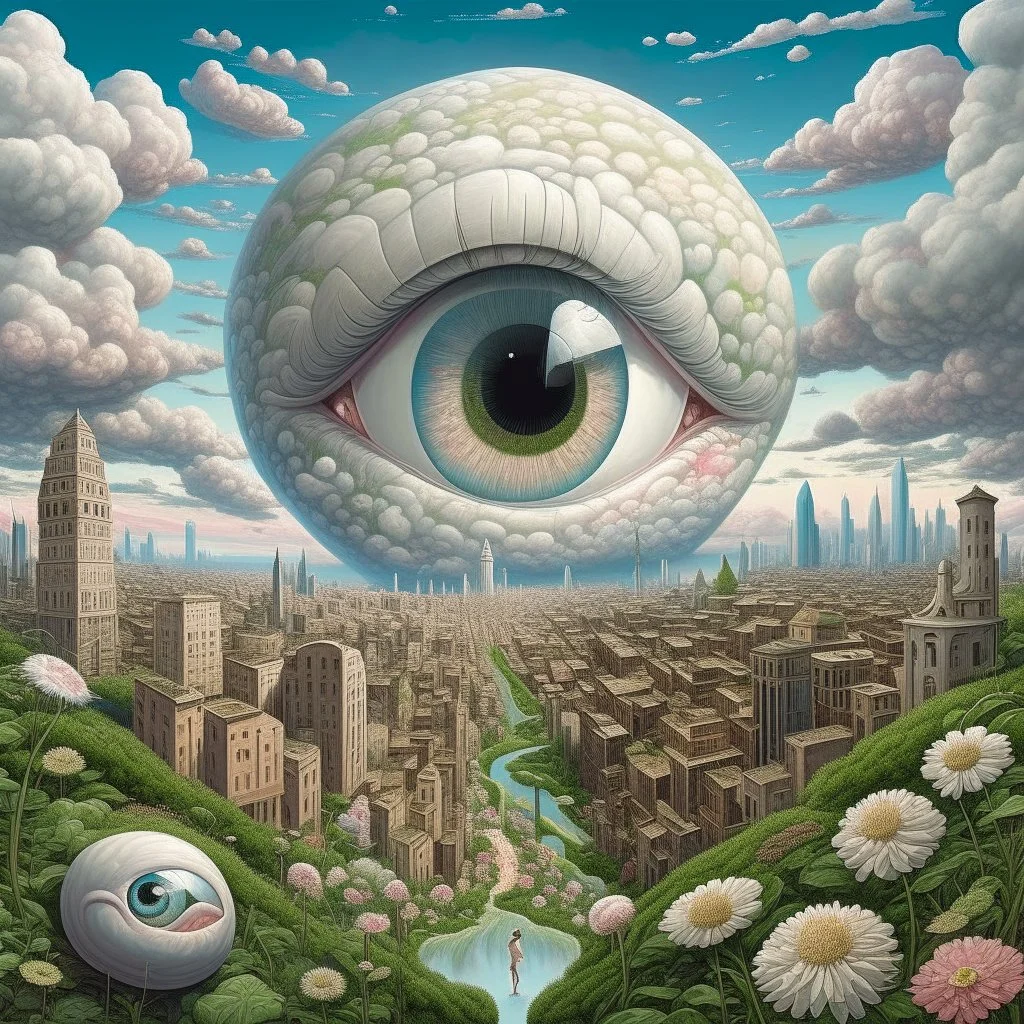 A surrealistic landscape of a dreamlike world. There's a giant eye with a tiny person standing on its iris. The eye is surrounded by clouds. In the background, there's a city with buildings that resemble teeth. The ground is covered with small, white flowers.