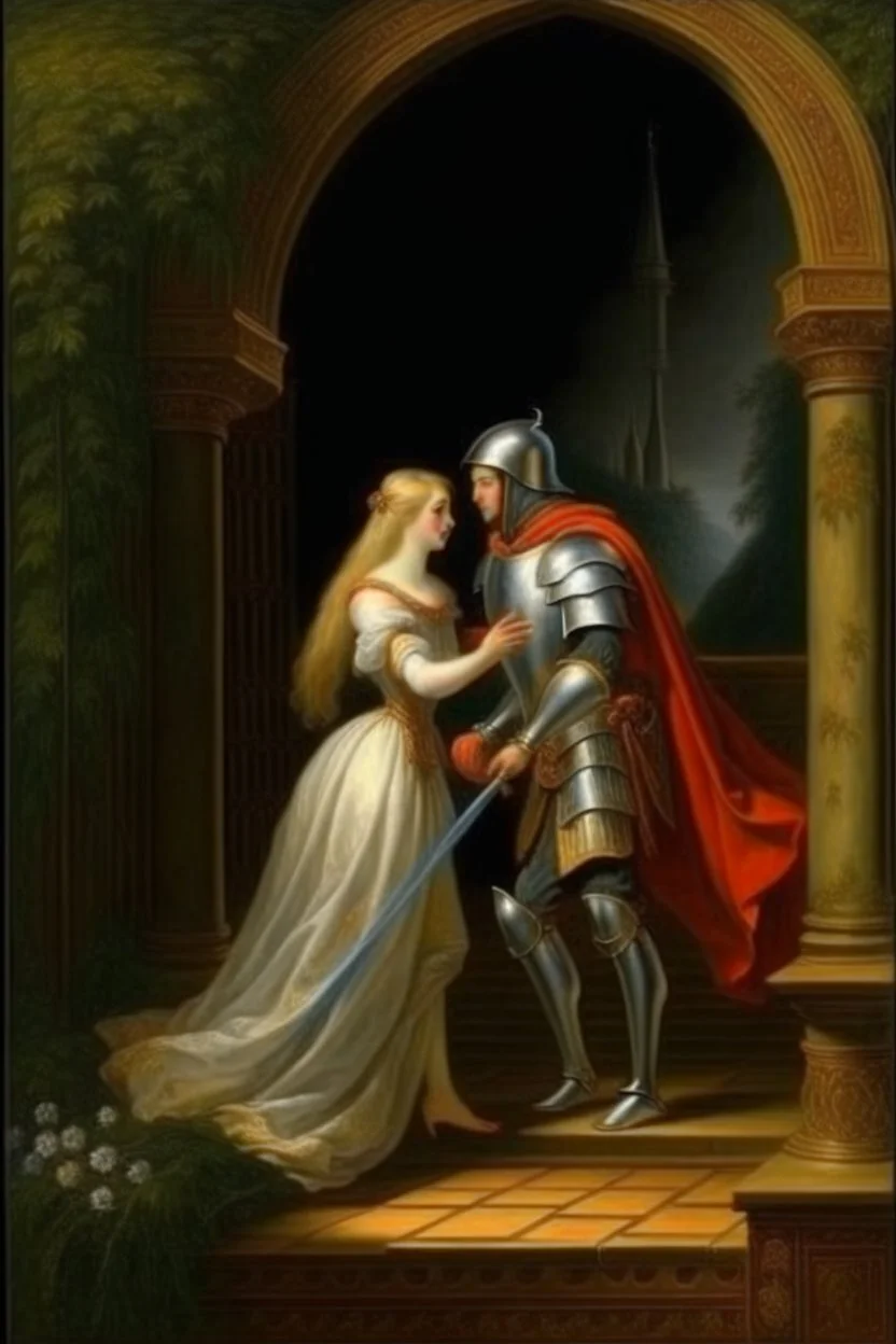 Historical oil painting expressing love The eternal between a princess and a knight