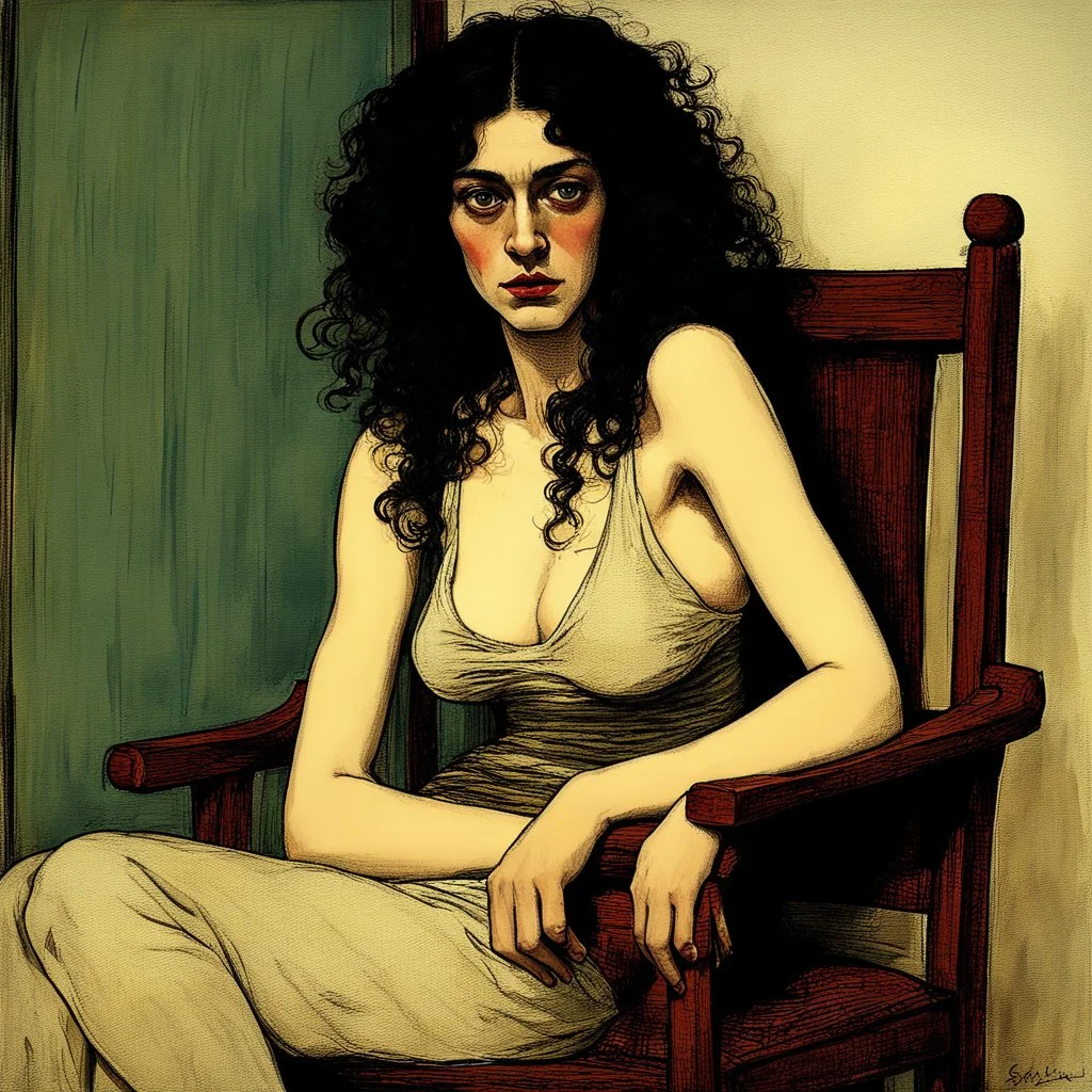 Breathtaking arab 30 years old woman with pale skin she is sitting on an old chair and has a tiny tanktop from the waist up, she has long black curly hair, petite figure, wide hips, prominent nose, thick lips, she has just been slapped around, by Egon Schiele, gustave dore, david mann, retro vintage style, hd photography, hyperrealism, graphite pencil drawing, realistic, natural, b&w illustration, fine art, beautiful watercolor painting, realistic, detailed, by olga shvartsur, svetlana novikova