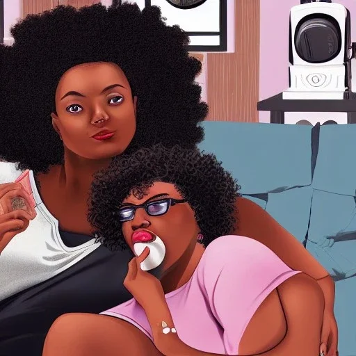 30 years old slim handsome black man and 28 years old curvy lady with afro hairstyle eating and watching television in a beautiful sitting room, digital painting, digital illustration, extreme detail, digital art, 4k, ultra hd