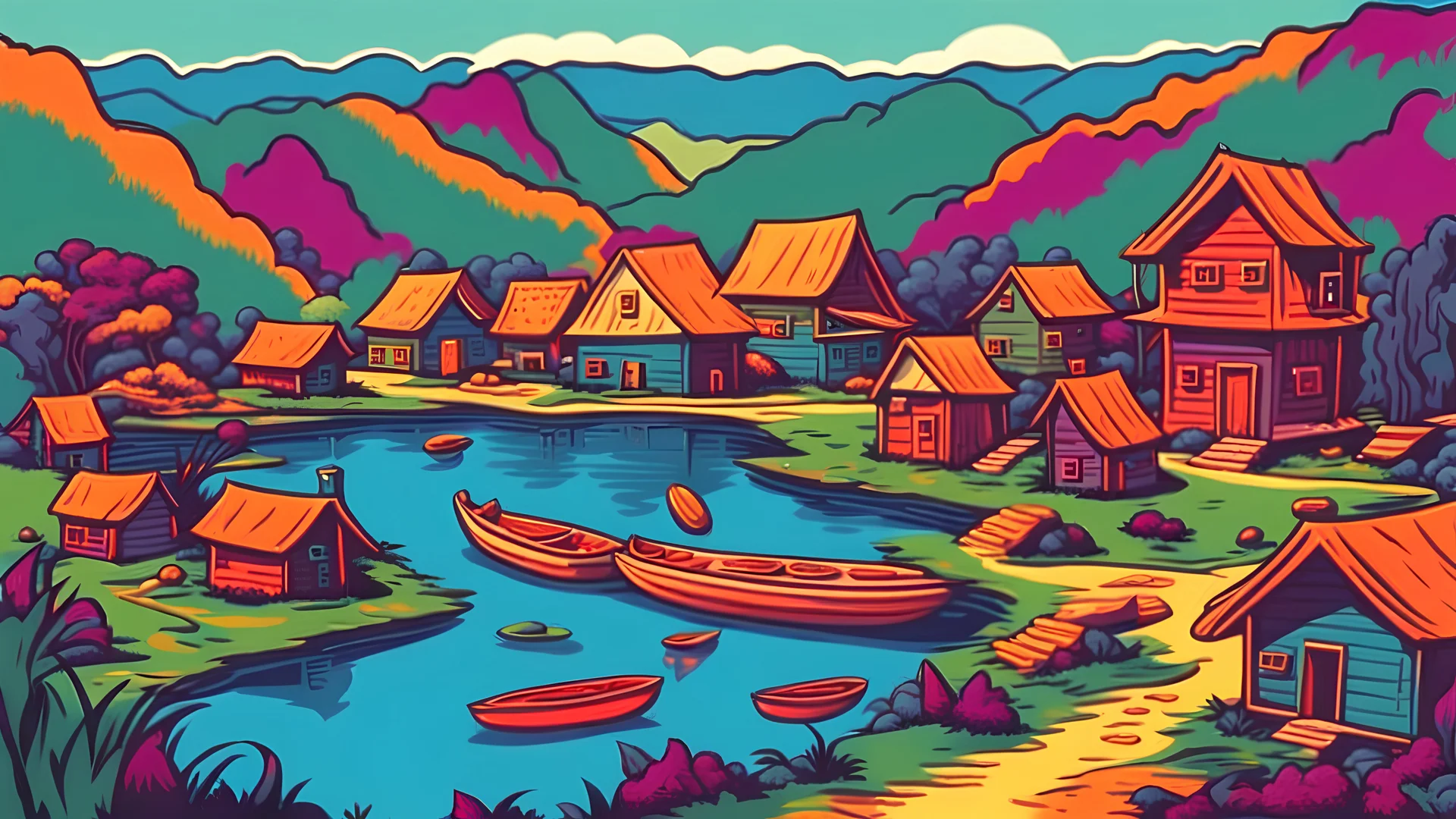 A village in prehistoric times, where everyone lives around a lake of water that gives life to a pop art style rich in color