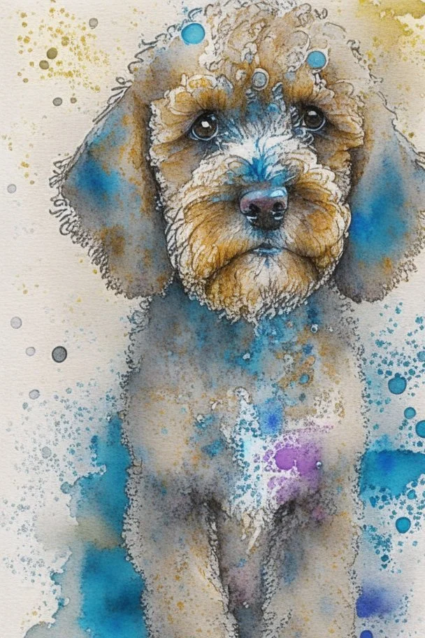 Abstract wet watercolour of a cockapoo, ink lines, splashy background, bifurcated circles, detailed,focus on eyes, watercolour paper
