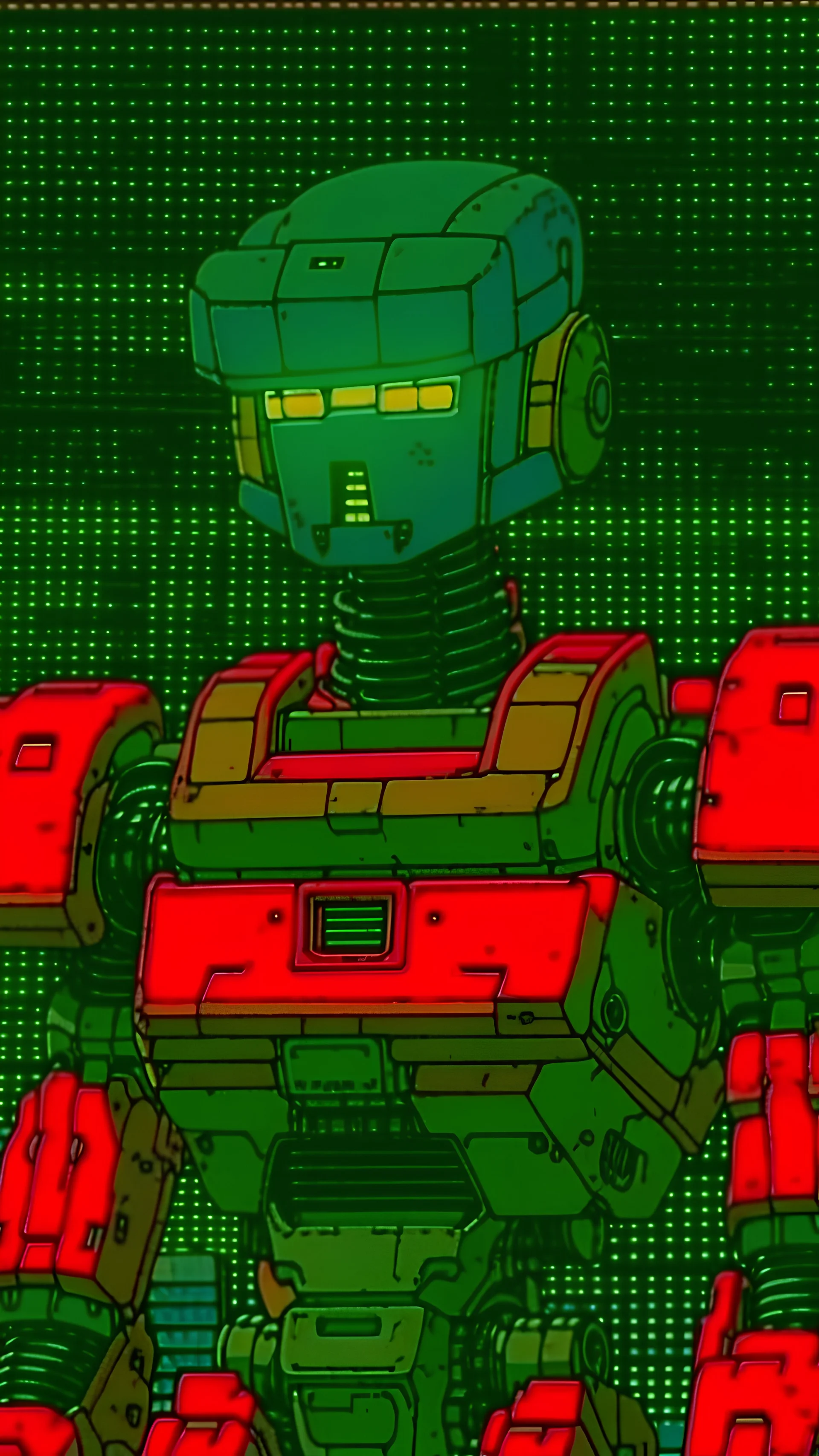 Vintage anime screenshot from Akira, 90’s anime aesthetic. A helpful robot made of an iridescent metal. 90’s anime.