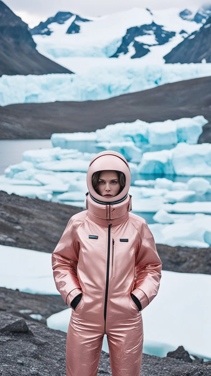 minimal ,Fashion film in the icefields of Patagonia, a stunning supermodel in an incomplete Astronaut pink bronze suit discover the icefields and giant iceblocks and icebergs using stunning poses we can see her face through the glass . Supreme landscape, inticate background and a minimalist composition that creates a great megalophobia effect. Old lens, old Kodak vision filmstock, 1600 iso.