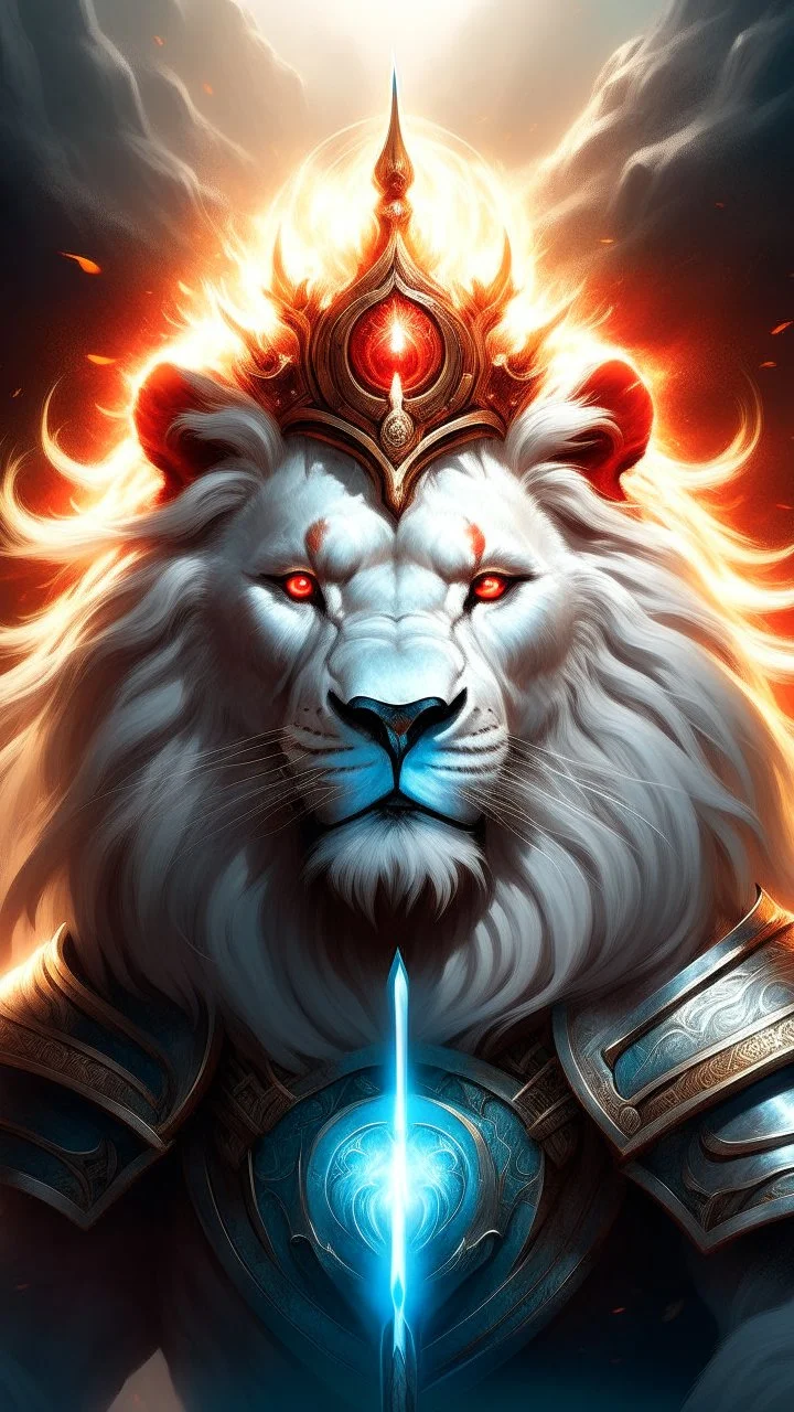 A powerful white lion with one blue eye and one red eye and a crown of fire on its head in the center of the image with a blazing sun and sword behind its head.