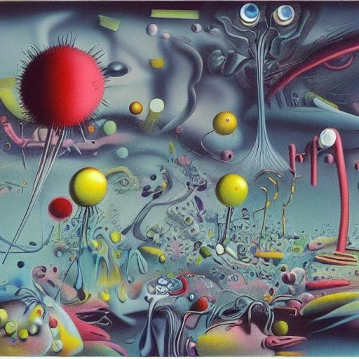 sureal landscape in microcosm with bacteria and viruses by yves tanguy and dr seuss