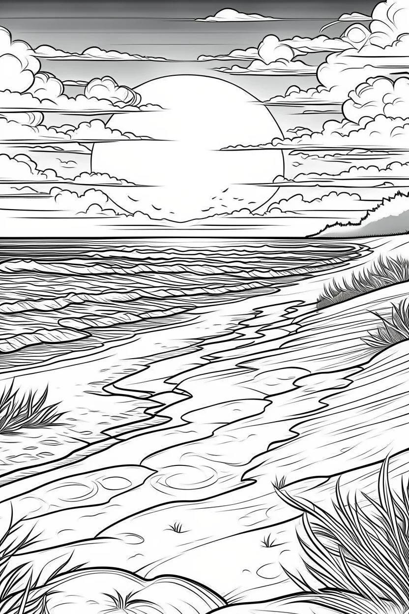 A serene beach at sunset, with footprints leading into the distance along the shore, evokes a sense of relaxation and escape from daily constraints., coloring book page, simple and clean line art, adult drawing book, black and white, crisp black lines, no shades, sharp lines, coloring book for adults, cartoon style, landscape