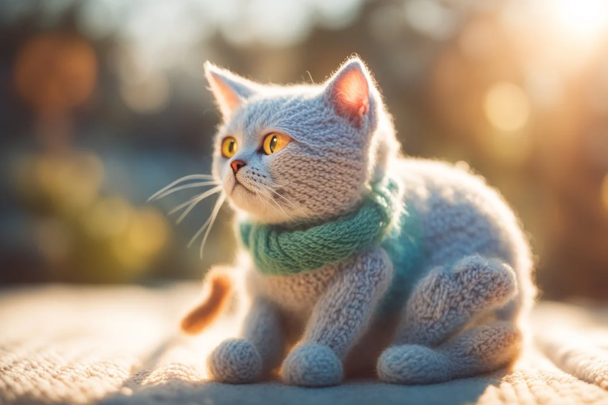 knitted cat in sunshine, ethereal, cinematic postprocessing, bokeh, dof