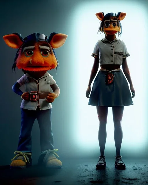 Waist up portrait, hybrid character, waitress British woman with classic muppet mask that covers her entire head and face, Sesame Street style, latex dress, short shirt, old school tattoo, hot, smooth, unreal engine 5, god lights, ray tracing, neon, RTX, lumen lighting, ultra detail, volumetric lighting, 3d.