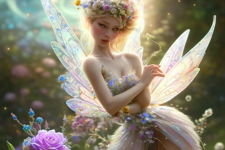 one very little beautiful fairy on a big crystal subtle flower in a galactic ambiance, transparent petals, delicate colors, in the foreground, full of details, smooth, bright sunshine，soft light atmosphere, light effect，vaporwave colorful, concept art, smooth, extremely sharp detail, finely tuned detail, ultra high definition, 8 k, unreal engine 5, ultra sharp focus