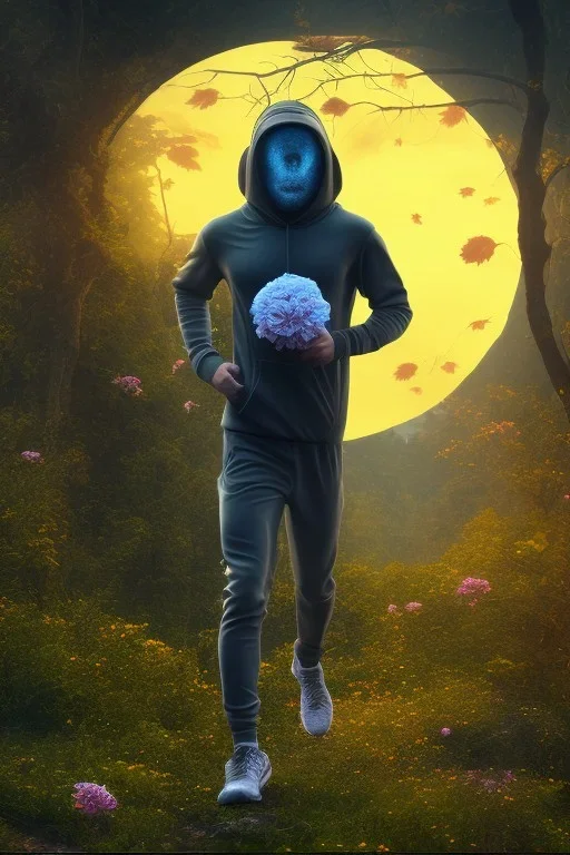 running alien portrait , black jogging suite , in the sunset Alps, golden light , holding leaves and flowers , angels background, volumetric light, high detail, dark leaf tree, dark mountains in background, perfect