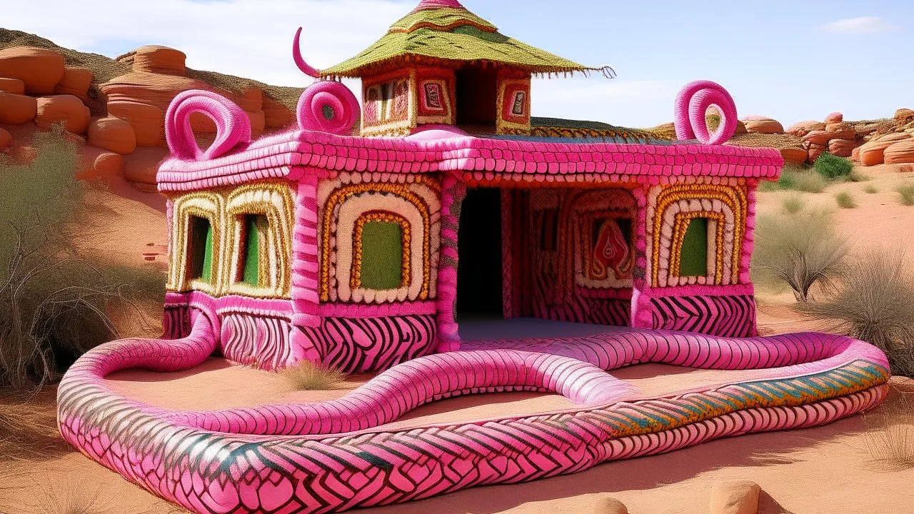 A pink Arabian snake palace designed in Navajo yarn