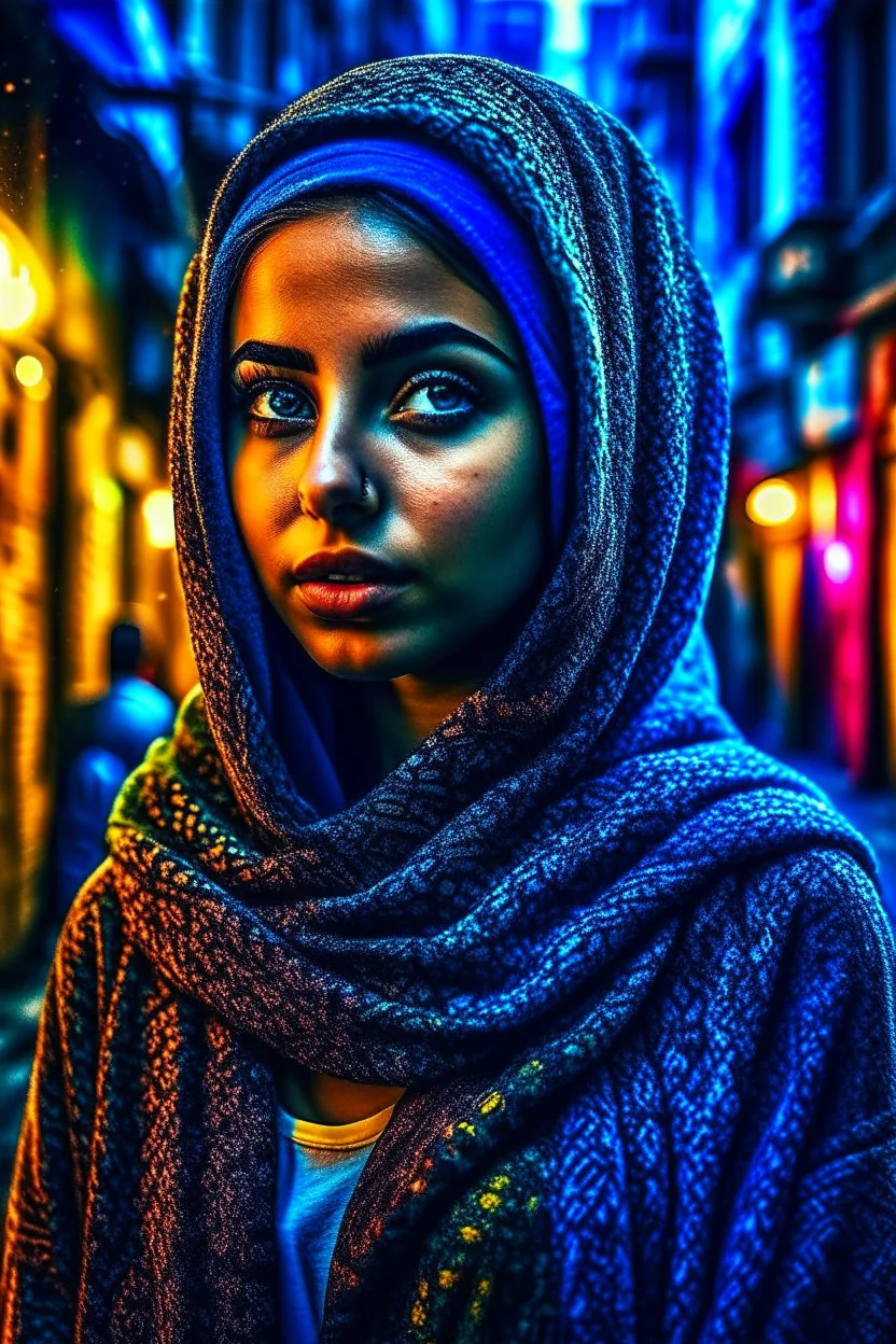 a beautiful Arabian girl in hijab , set against a gritty urban backdrop, The image should be highly detailed and intricate, with a sharp focus on the woman's features, and a neon color palette that pops against the dark background, the style should be reminiscent of street art and urban culture, with exaggerated and stylized features that give the portrait a larger-than-life feel, trending on artstation and instagram, art inspirations include banksy, Shepard Fairey, and lady pink.