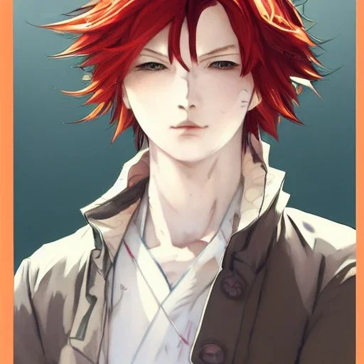 Detailed anime boy, crimson red hair, wolf ears, oranged colored eyes, white trench coat, intricate details, full body portrait, keep head in frame, slight smile, black Japanese motif, concept art, highly detailed, digital painting, concept art, sharp focus, illustration, art by Yoji Shinkawa, WLOP and greg rutkowski and alphonse mucha and artgerm and yanjun Chen and Junji ito and Makoto Shinkai, HDR, octane render, perfect face