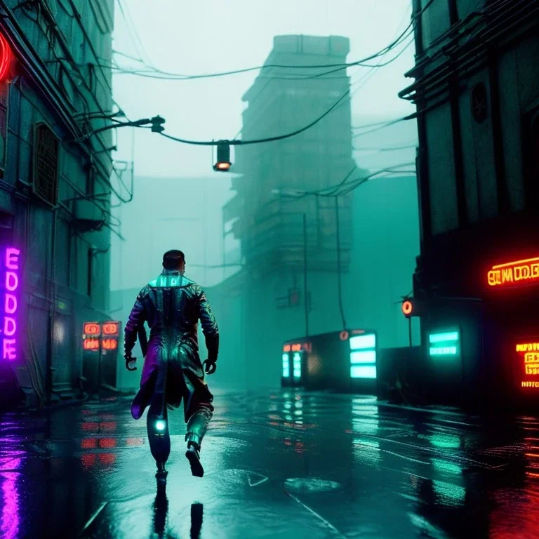 Actor, jason momoa, blade runner style, rain, fog, neon ambient, gradient color, clean skin, circuits, latex coat, cyber punk, neon, tubes, portrait, photo studio, unreal engine 5, smooth color, 16 bit, god lights, ray tracing, RTX, lumen lighting, ultra deatail, volumetric lighting, 3d, finely drawn, hd.