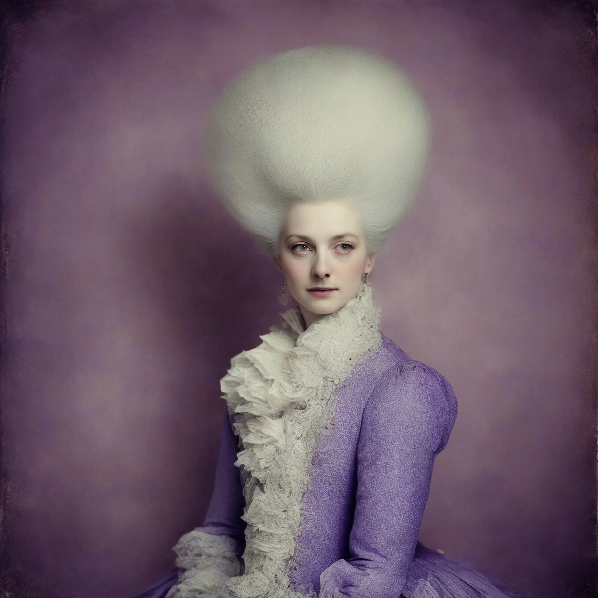 Marie-Antoinette,purple fur, strpied wallpaper, old autochrome