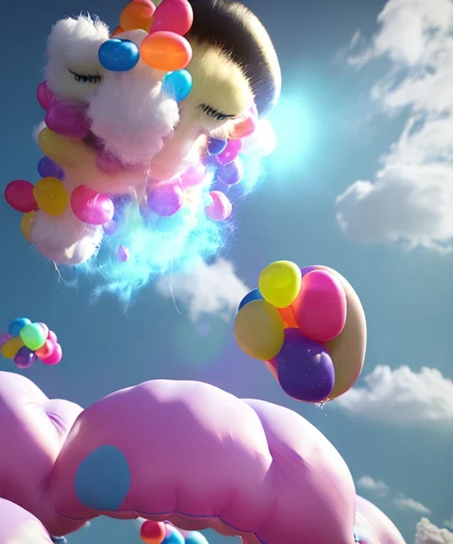 Ultra realistic speed clouds sky scene, wide angle view, sweet childs falling down, inflatable color clothing, free jumping flying, many trinkets, hair monster, many jelly beans, balls, color smoke, smile, happy, circus style, extreme, wind, clouds sea, 20,000 feet altitude, stratosphere, soft color, highly detailed, unreal engine 5, ray tracing, RTX, lumen lighting, ultra detail, volumetric lighting, 3d, finely drawn, high definition, high resolution.