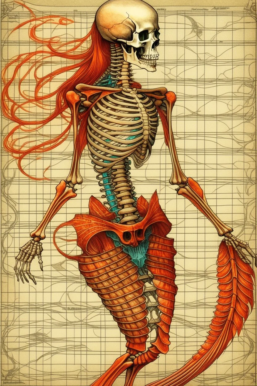 captivating anatomical illustration of a humanoid skeleton fused with a mermaid's tail, set against a vintage paper backdrop. The skeletal structure is intricately detailed, with exposed muscles and tendons, while the mermaid's tail is brilliantly colored in reds and oranges. Handwritten notes and sketches in an old-world script adorn the paper, hi