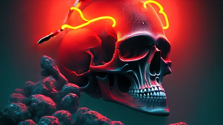 hundreds of non-anatomically correct, dark comic art, graphic novel,human skulls stacked into a wall unusual neon lighting, high velocity, 64k, dystopian, vray,