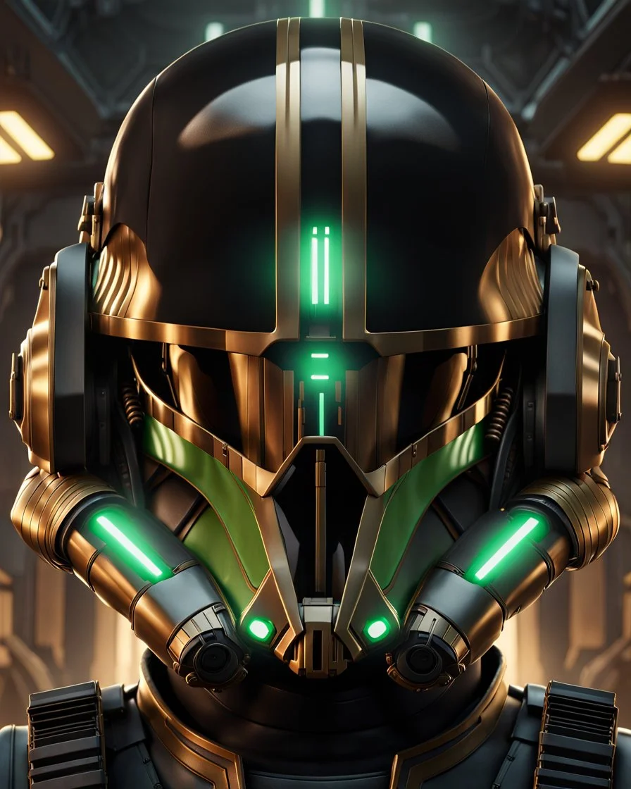 star wars bald male corellian pilot wearing black and bright gasoline green First Order special forces TIE pilot commando armored flightsuit and helmet with gold trim inside the jedi temple, centered head and shoulders portrait, hyperdetailed, dynamic lighting, hyperdetailed background, 8k resolution, volumetric lighting, light skin, fully symmetric details