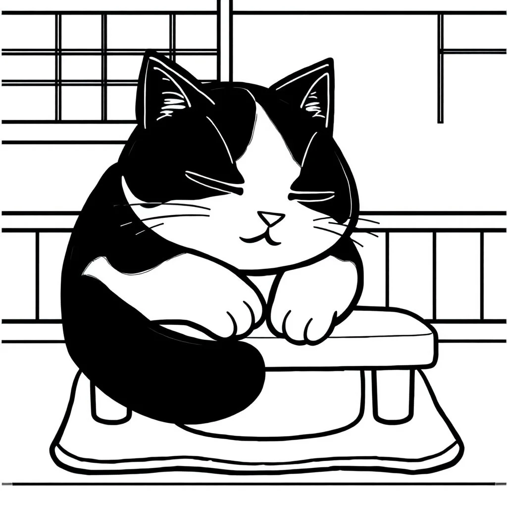bold and easy, cozy Japan-Cat napping on a kotatsu table each has very thick black outlines, making the details simple and fun to color colors, must be black and white and should have very few backgrounds or no backgrounds
