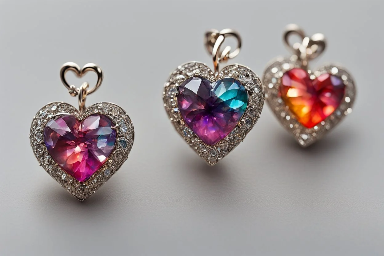 Coloured glass heart earring set with gemstones, glittering metal stems and gemstone leaves sharp focus elegant extremely detailed intricate very attractive beautiful dynamic lighting fantastic view crisp quality exquisite detail gems and jewels S<AI in sunshine Weight:1 Professional photography, bokeh, natural lighting, canon lens, shot on dslr 64 megapixels sharp focus Weight:0.9