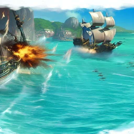 two pirate ships fighting each other at sea. They fire cannons at each other and one ship is hit and burns.