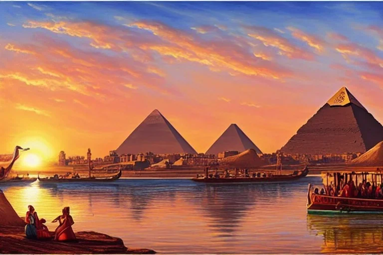 An ancient Egypt city at the Nile, pyramids in the background, Egyptian temples, by matthieu lauffray, sunrise, stunning environment, perfect composition, oil on canvas, super highly detailed, wide-angle, diffused lighting, 8 k Uhd, god rays