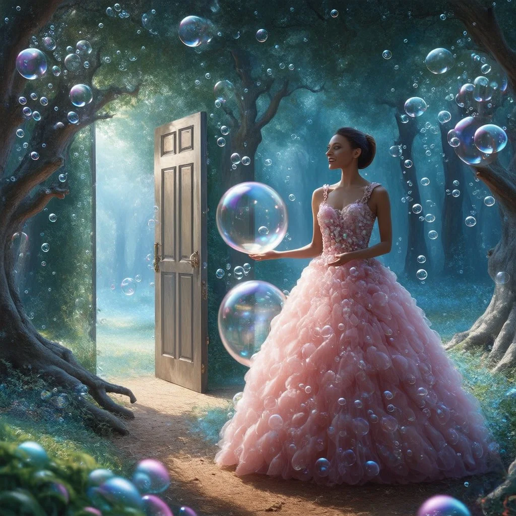 Bubbles and a pinch of surrealism... a wman in a ballgown made of bubbles, holding a transparent bubble, in a forest of surreal trees, with a open door into another room