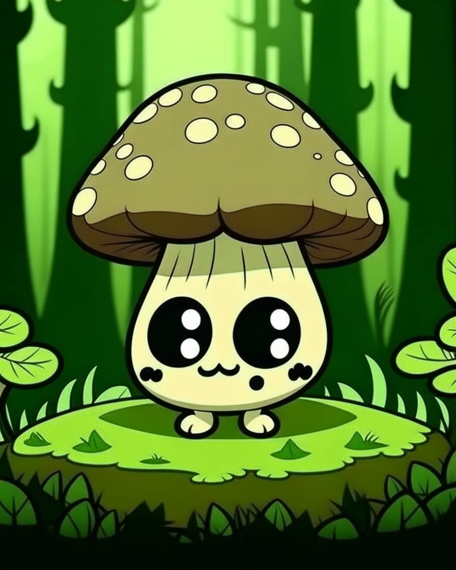 magical kawaii mushroom with a big, frowning mouth and droopy eyes, sitting on a mossy log in a quiet and peaceful forest, lost in its own thoughts, high details, forest background, cute, kawaii style, outline,