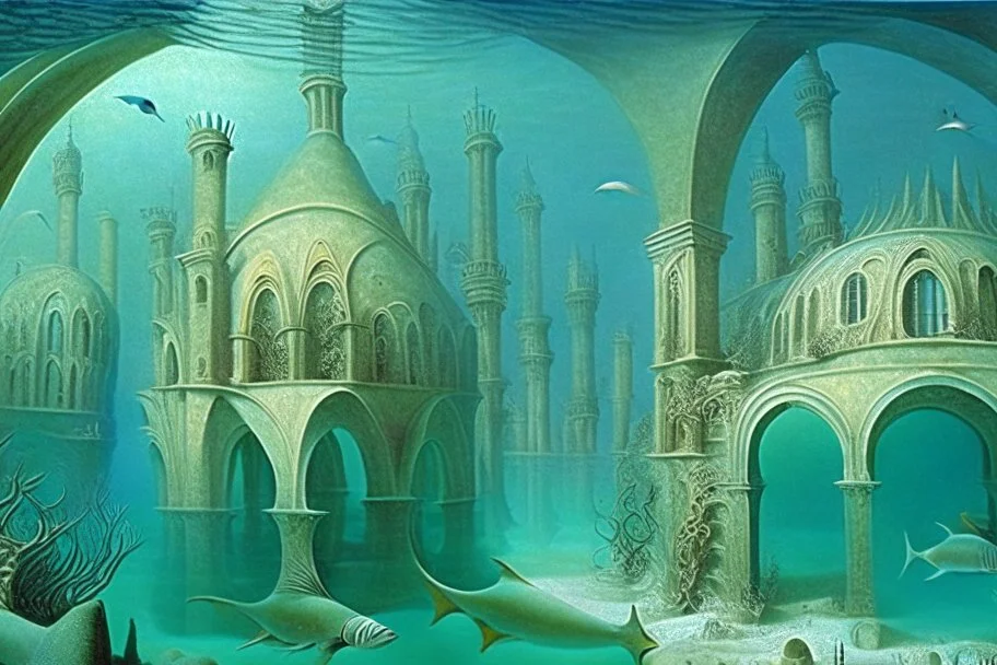 a fantastic underwater city with arches and domes by artists "Leonora Carrington" and "Piranesi"