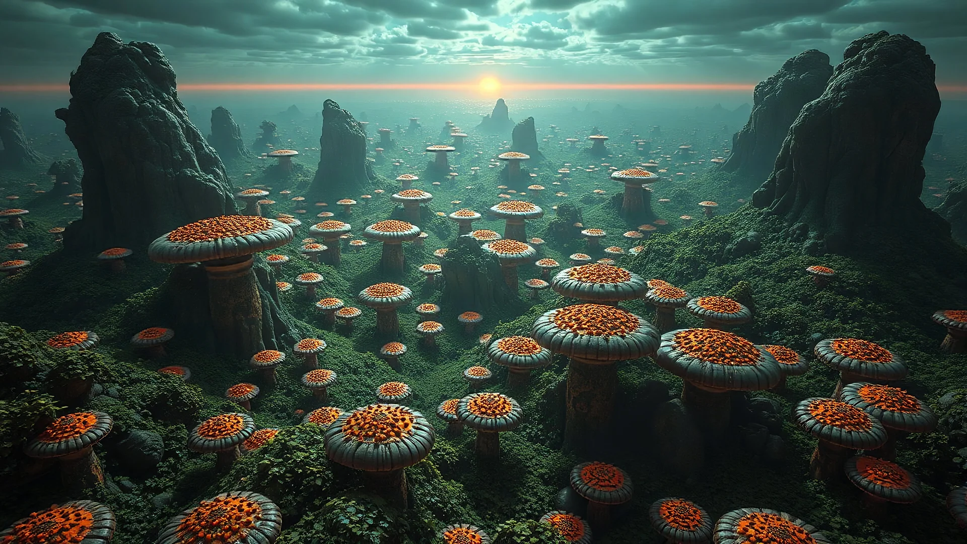 aerial view of a landscape covered in fungi that looks futuristic with futuristic lighting, horizon, realistic rendering