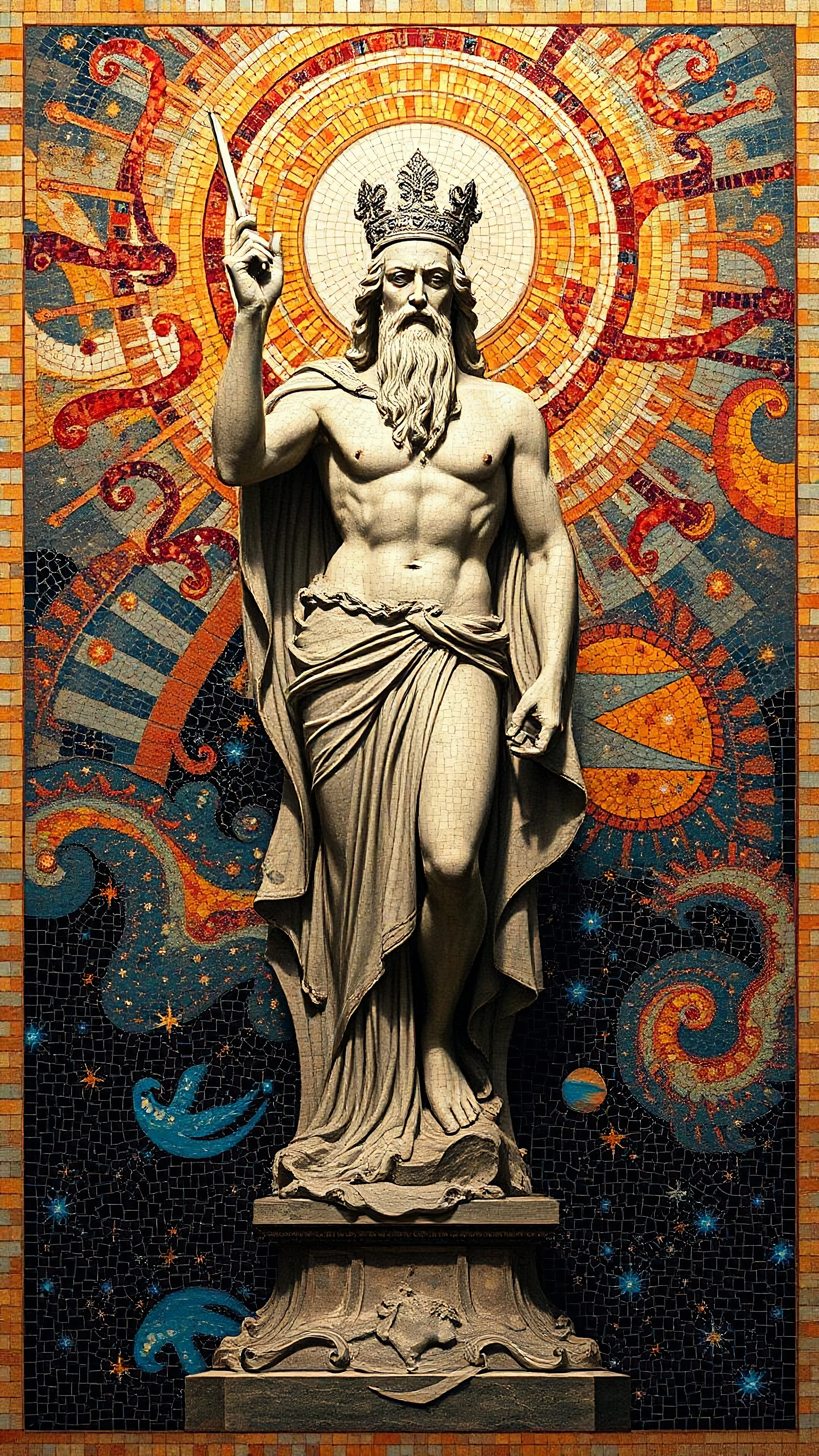 A statute of a god from Atlantis in a galaxy designed in ancient Roman mosaics painted by Claude Monet