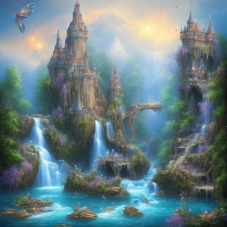 butterflies, turquoise river, waterfalls, fairy castle