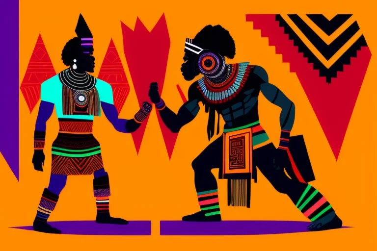 two arafed persons arguing in ritual combat stance, afrofuturism, arafed angularity, aztec vibe, patchwork vibe, side view, aztec room with extreme body action, sharp color contrasts, amazing shadows, exaggerated limbs and heads, minimal cozy, warm palette, bright bold warm summer colors, ritual scene, futuristic tribal style, Aztec influence, sculptural helmets, spiked headdress, geometric borders, patterned red rug over dark wooden floor, tribal ceramic vases with potted plants