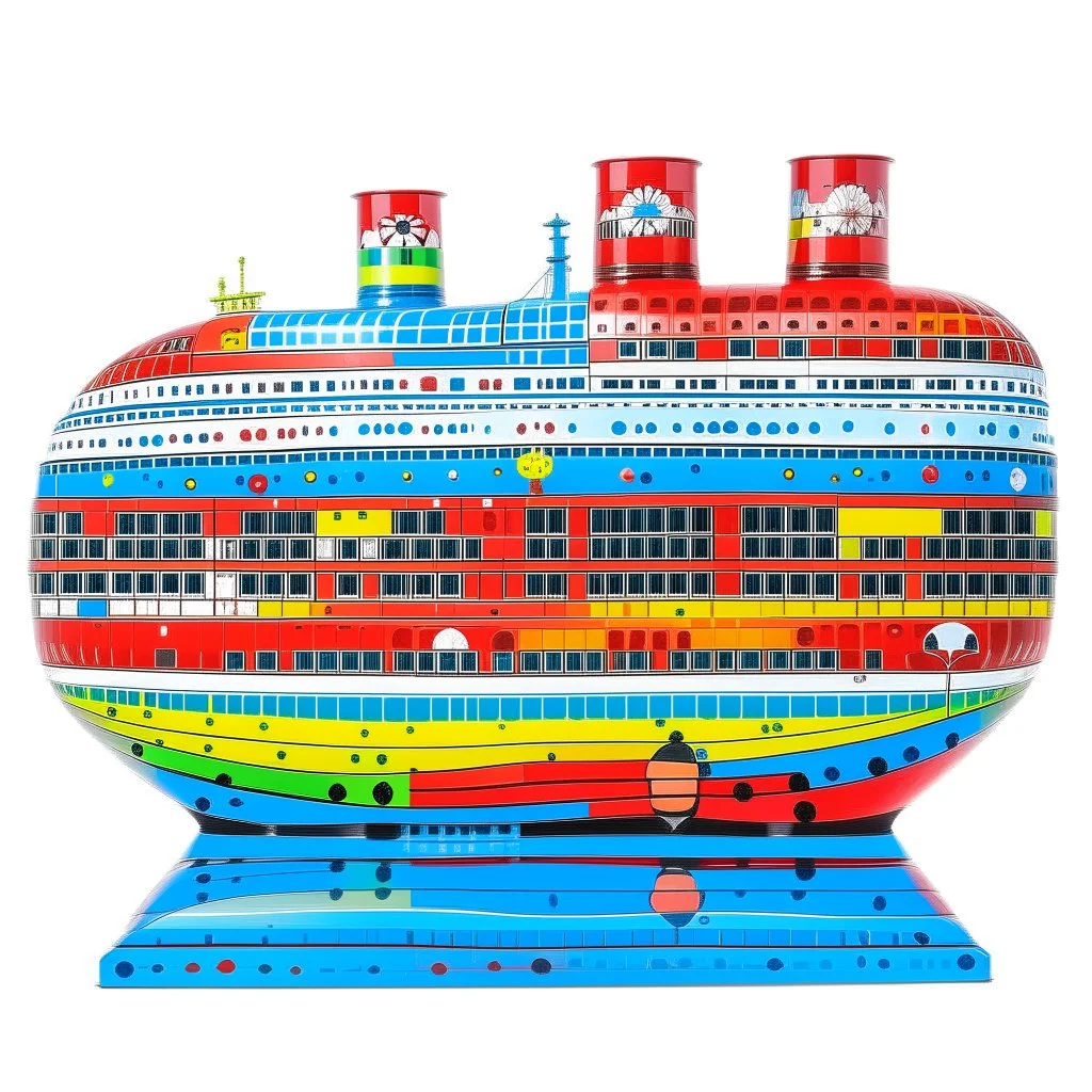 A red and blue cruise ship in the sky with rainbows designed in Matryoshka dolls painted by Frank Lloyd Wright
