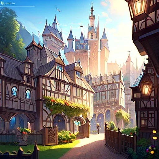 Clear focus, 8k, high quality, detailed, beautiful lighting, quiet European mountain village fantasy, Castle, Houses, Three,