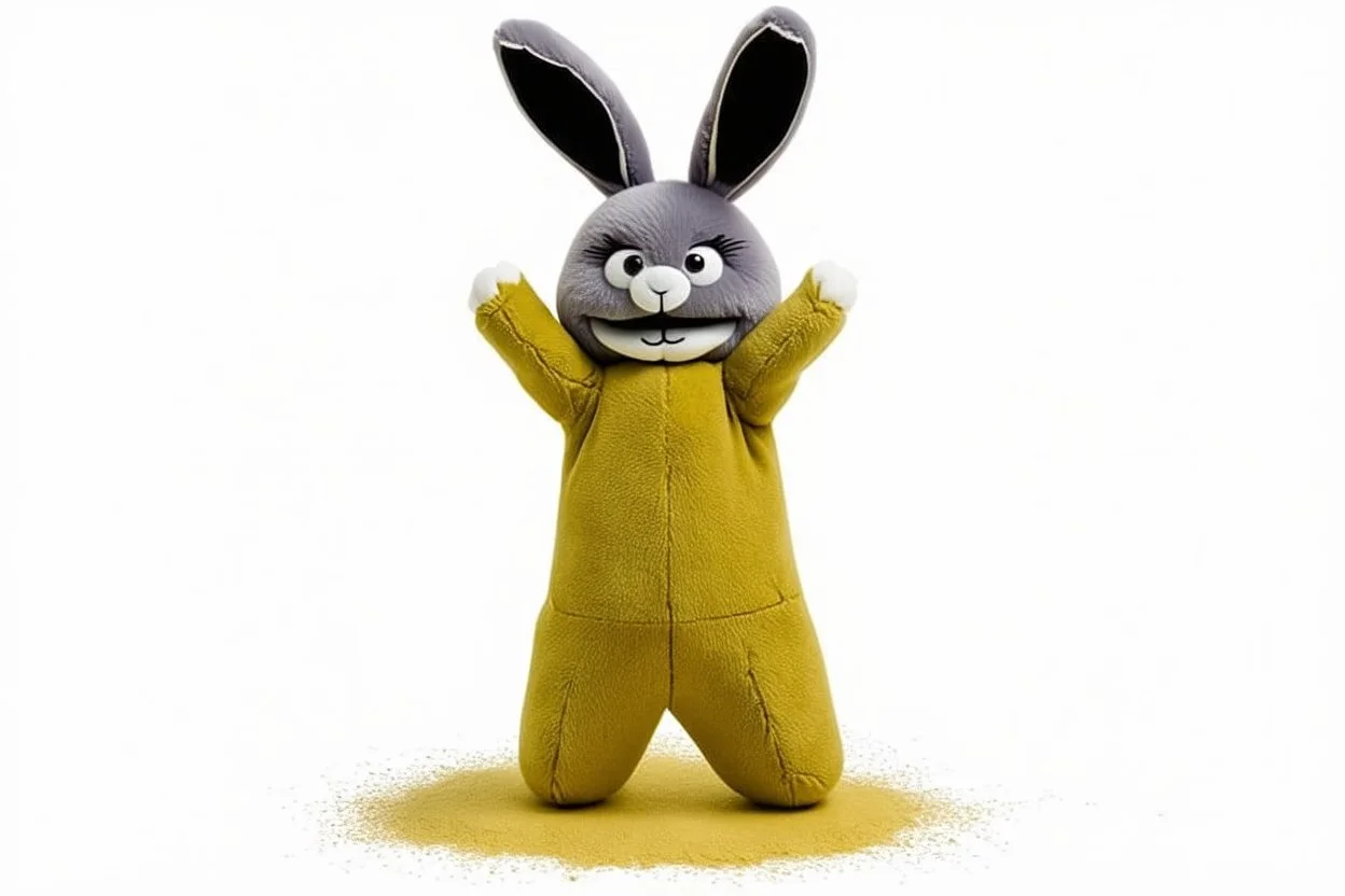 Scruffy fluffy grey puppet plush dust Bunny, holding with both hands onto a post while being blown vertically by the wind, extending vertically, panicked. on white background