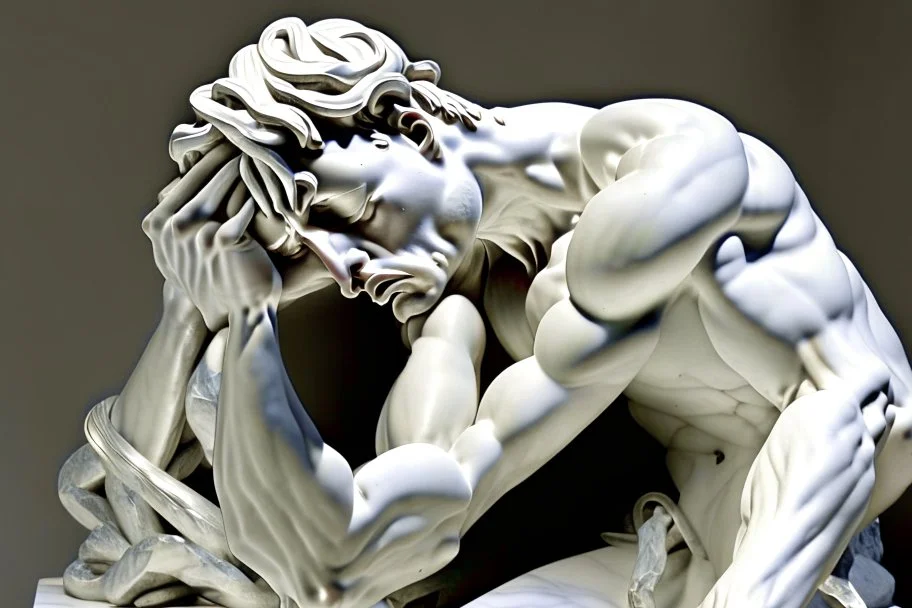 marble statue of man in distress. his head is generating a large fish hook which turns from white marble slowly into shiny metal and turns back towards him and pierces his heart. his hands try to grasp it to prevent further injury.