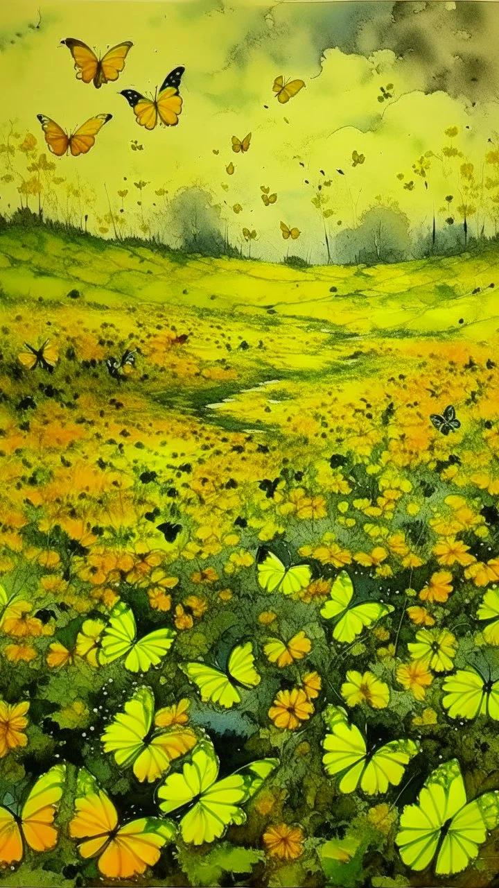 A yellow stinky field with butterflies painted by Zosan